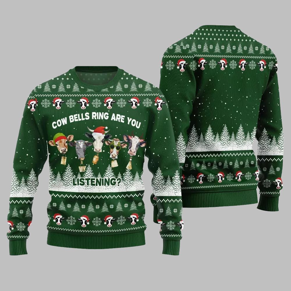 2026 Christmas Sleepy Cow Bells Ring Are You Listening Ugly Christmas Sweater - Moonbestprint