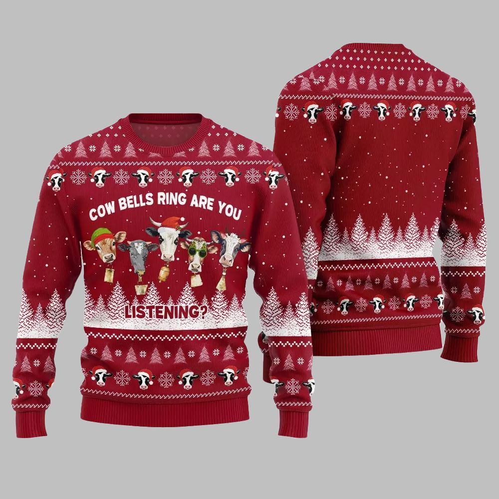 2026 Christmas Sleepy Cow Bells Ring Are You Listening Ugly Christmas Sweater - Moonbestprint