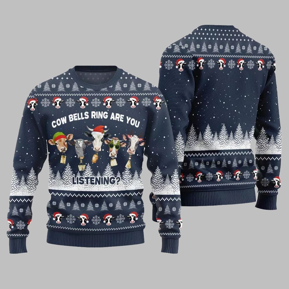 2026 Christmas Sleepy Cow Bells Ring Are You Listening Ugly Christmas Sweater - Moonbestprint