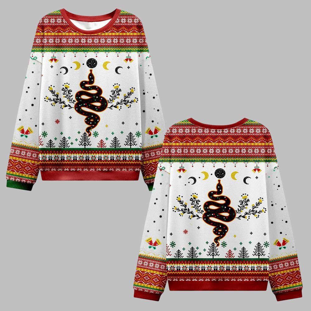 2026 Christmas Snake And Moon Phase Ugly Christmas Sweater - Moonbestprint