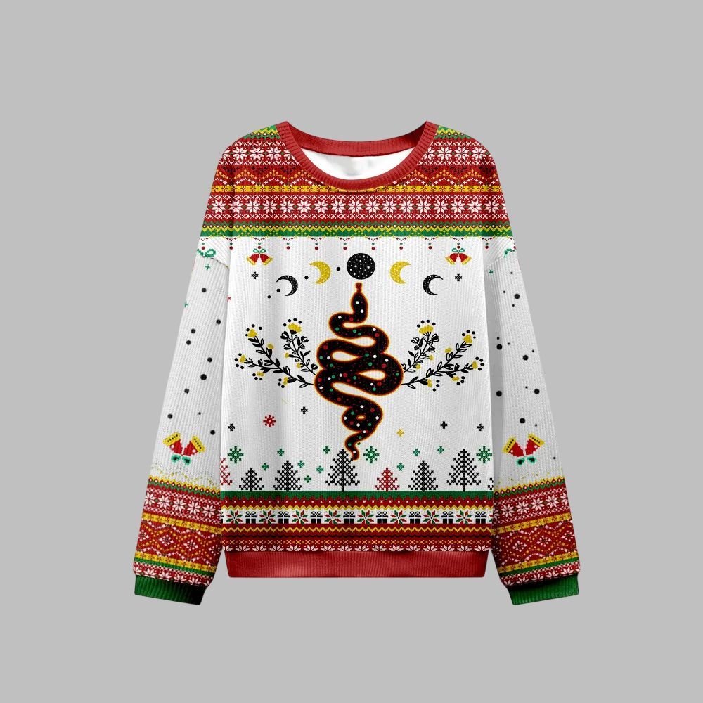 2026 Christmas Snake And Moon Phase Ugly Christmas Sweater - Moonbestprint