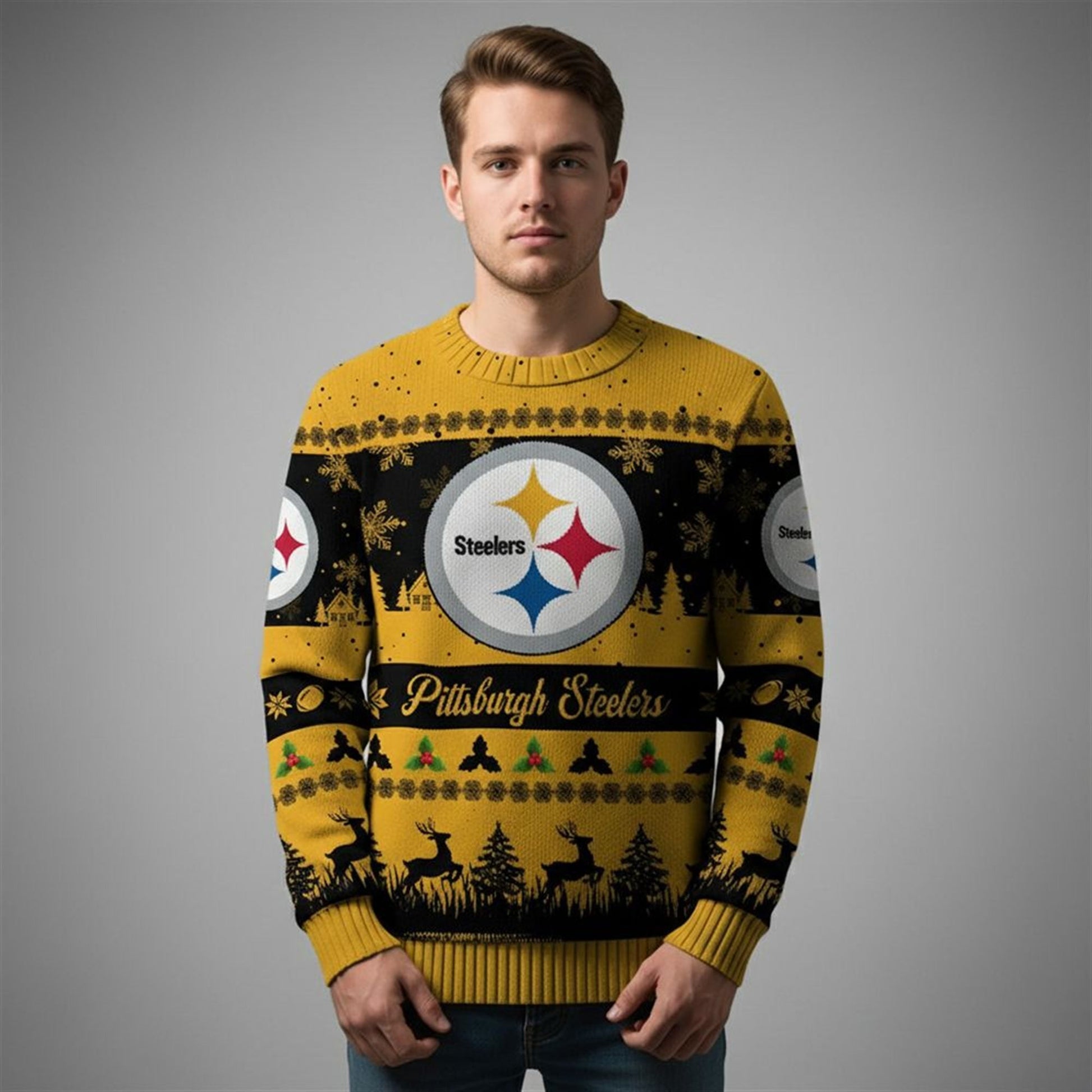 2026 Christmas Steelers Festive Reindeer Tree Ugly Sweater - Moonbestprint