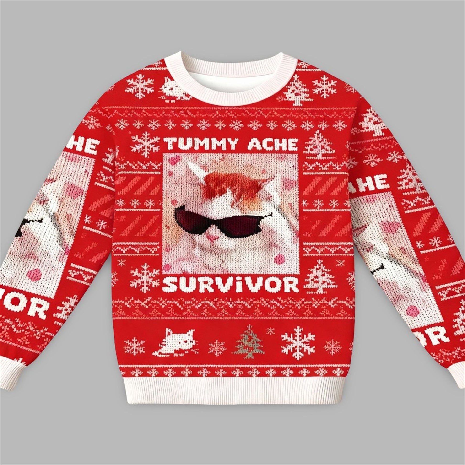 2026 Christmas Tummy Ache Survivor Funny Cat Meme Ugly Sweater - Moonbestprint