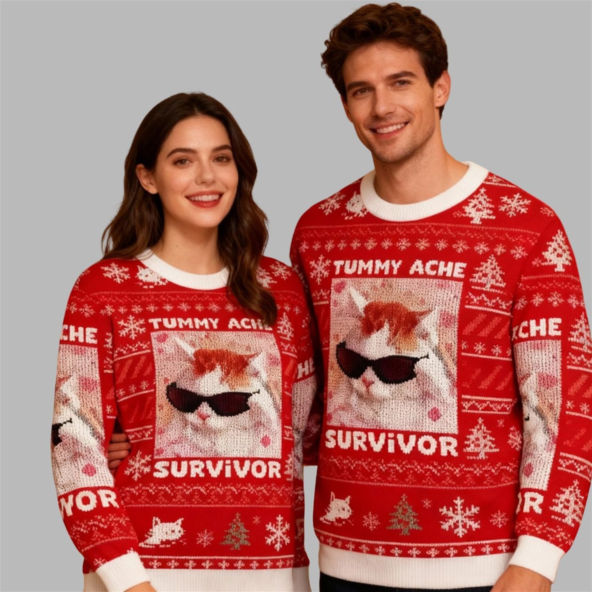 2026 Christmas Tummy Ache Survivor Funny Cat Meme Ugly Sweater - Moonbestprint