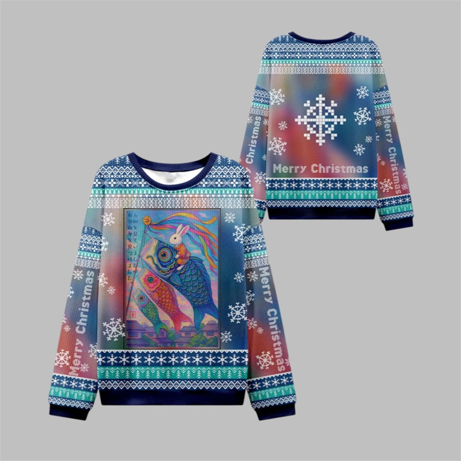 2026 Christmas Ukiyoe Rabbit Ride Carp Ugly Sweater - Moonbestprint