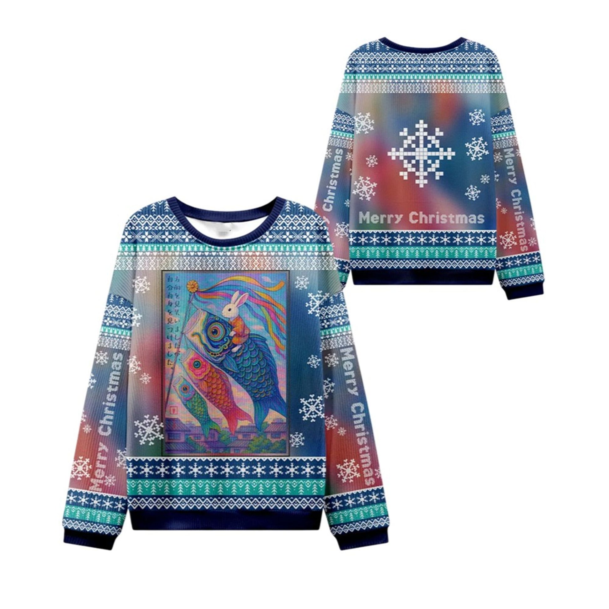 2026 Christmas Ukiyoe Rabbit Ride Carp Ugly Sweater - Moonbestprint