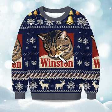 2026 Christmas Winston Smoking Cat Ugly Sweater Moonbestprint