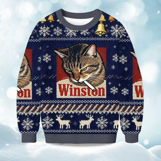 2026 Christmas Winston Smoking Cat Ugly Sweater Moonbestprint