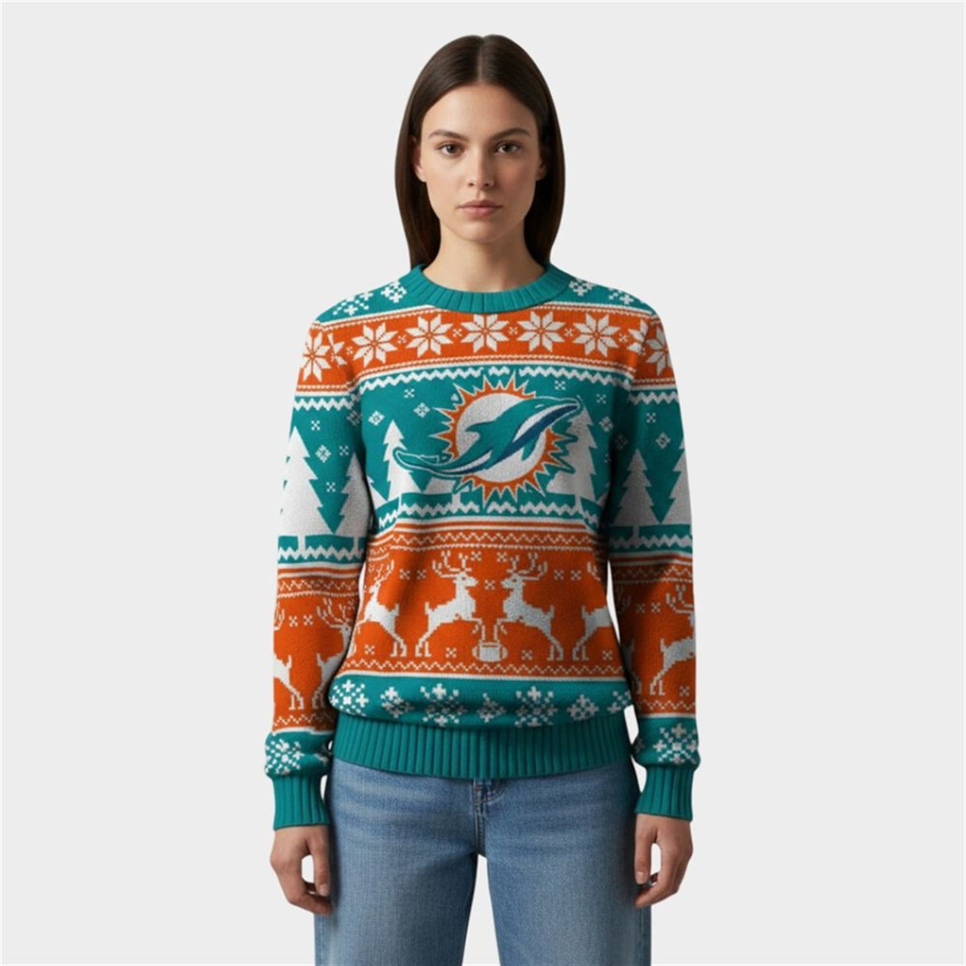 2026 Dolphins Reindeer Football Christmas Ugly Sweater - Moonbestprint