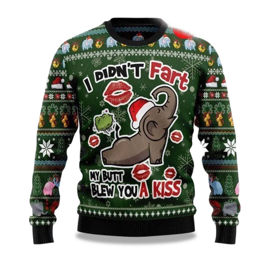 2026 Elephant I Didn’T Fart My Butt Blew You A Kiss Ugly Christmas Sweater Moonbestprint
