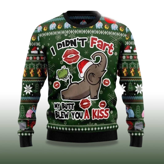 2026 Elephant I Didn’T Fart My Butt Blew You A Kiss Ugly Christmas Sweater Moonbestprint