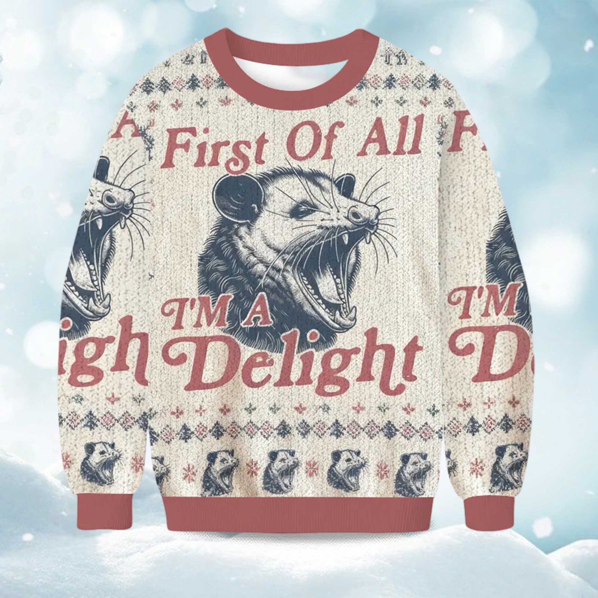 2026 First of All I'm a Delight Possum Christmas Ugly Sweater Moonbestprint