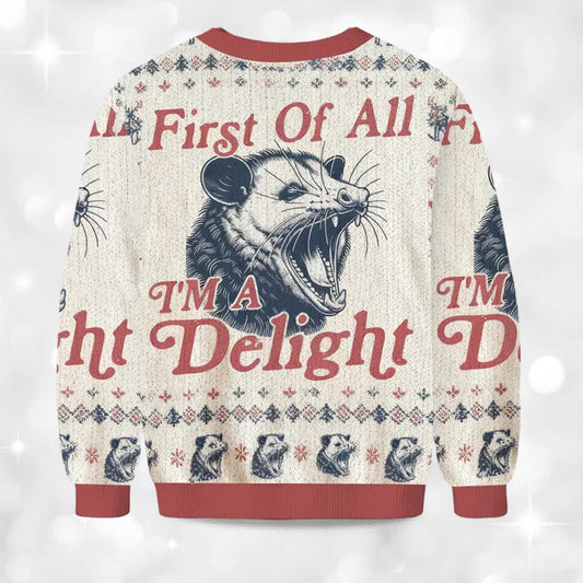 2026 First of All I'm a Delight Possum Christmas Ugly Sweater Moonbestprint