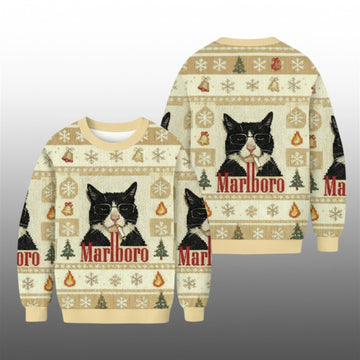 2026 Funny Cat Smoking Marlboro Christmas Ugly Sweater - Moonbestprint