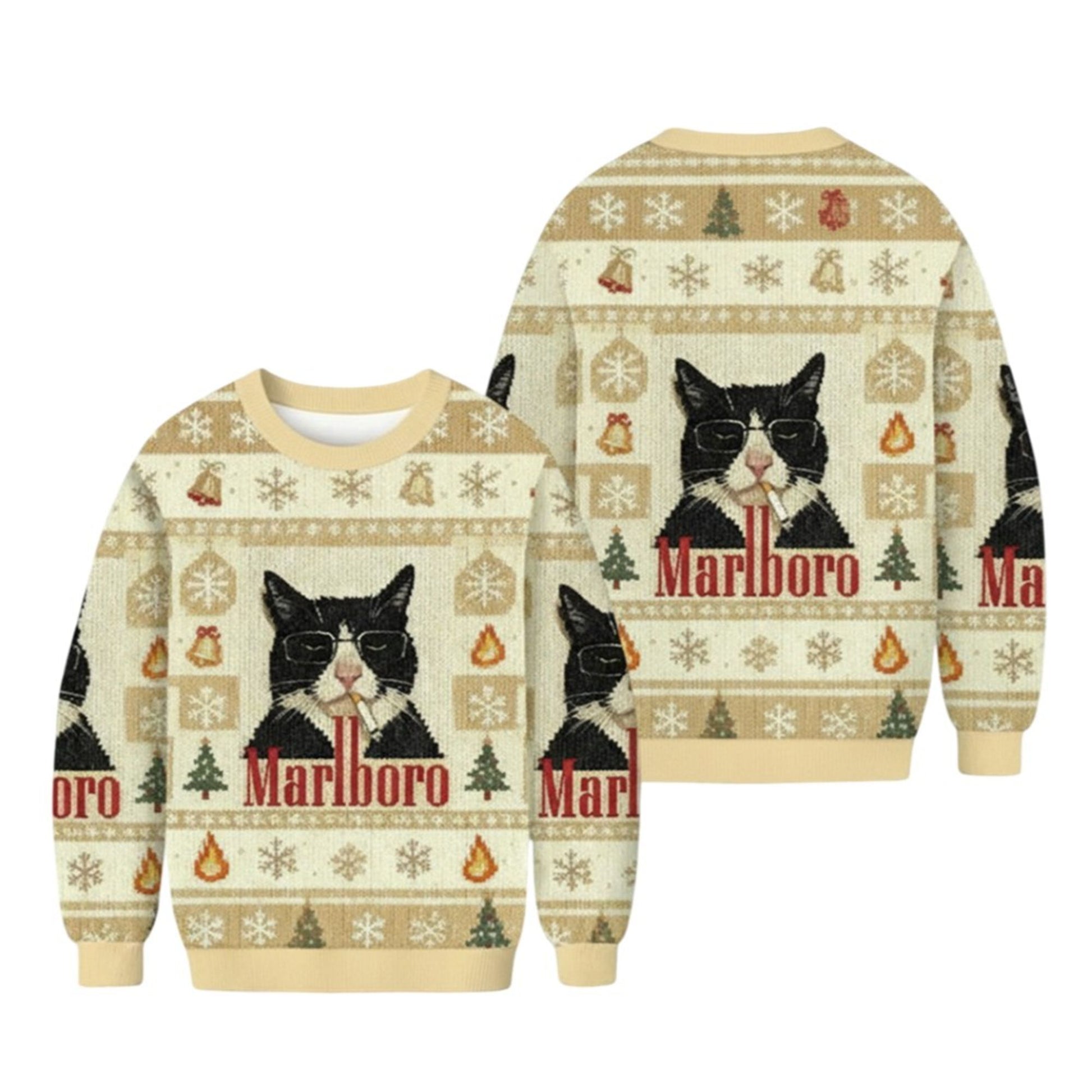 2026 Funny Cat Smoking Marlboro Christmas Ugly Sweater - Moonbestprint