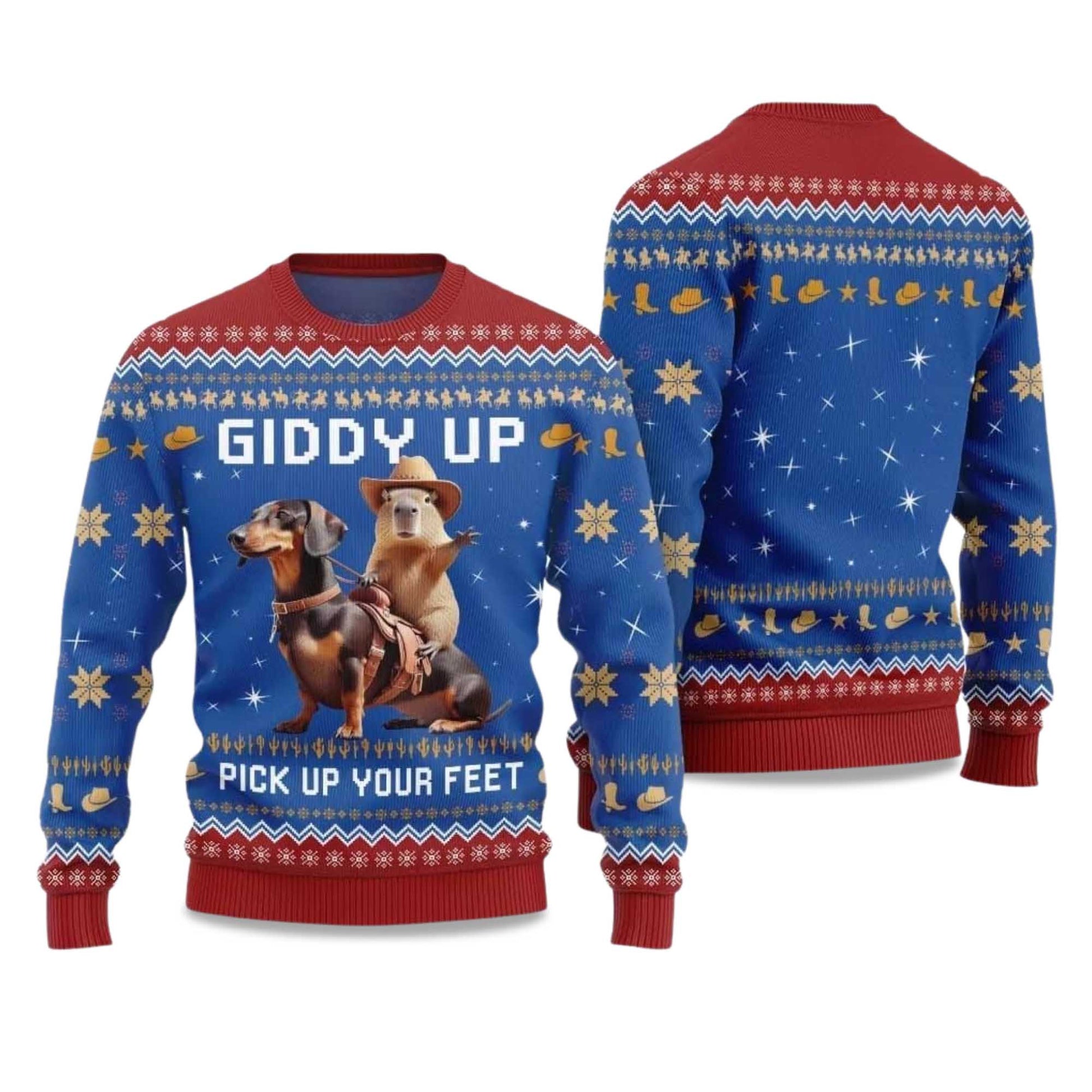 2026 Giddy Up Pick Up Your Feet Dachshund Capybara Ugly Christmas Sweater Moonbestprint