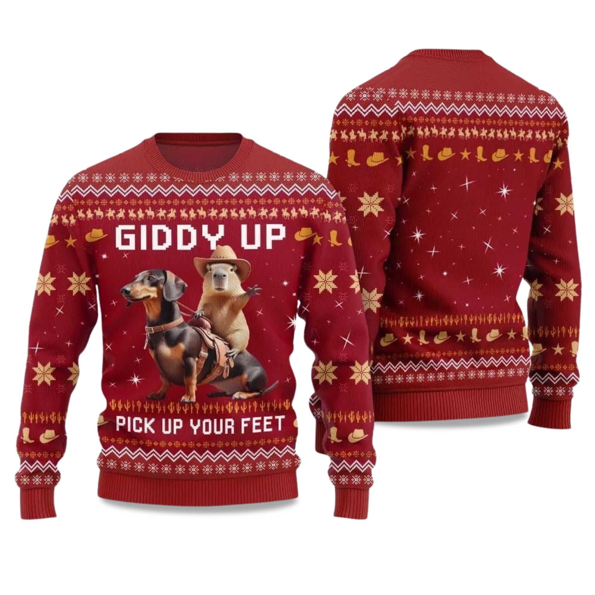 2026 Giddy Up Pick Up Your Feet Dachshund Capybara Ugly Christmas Sweater Moonbestprint