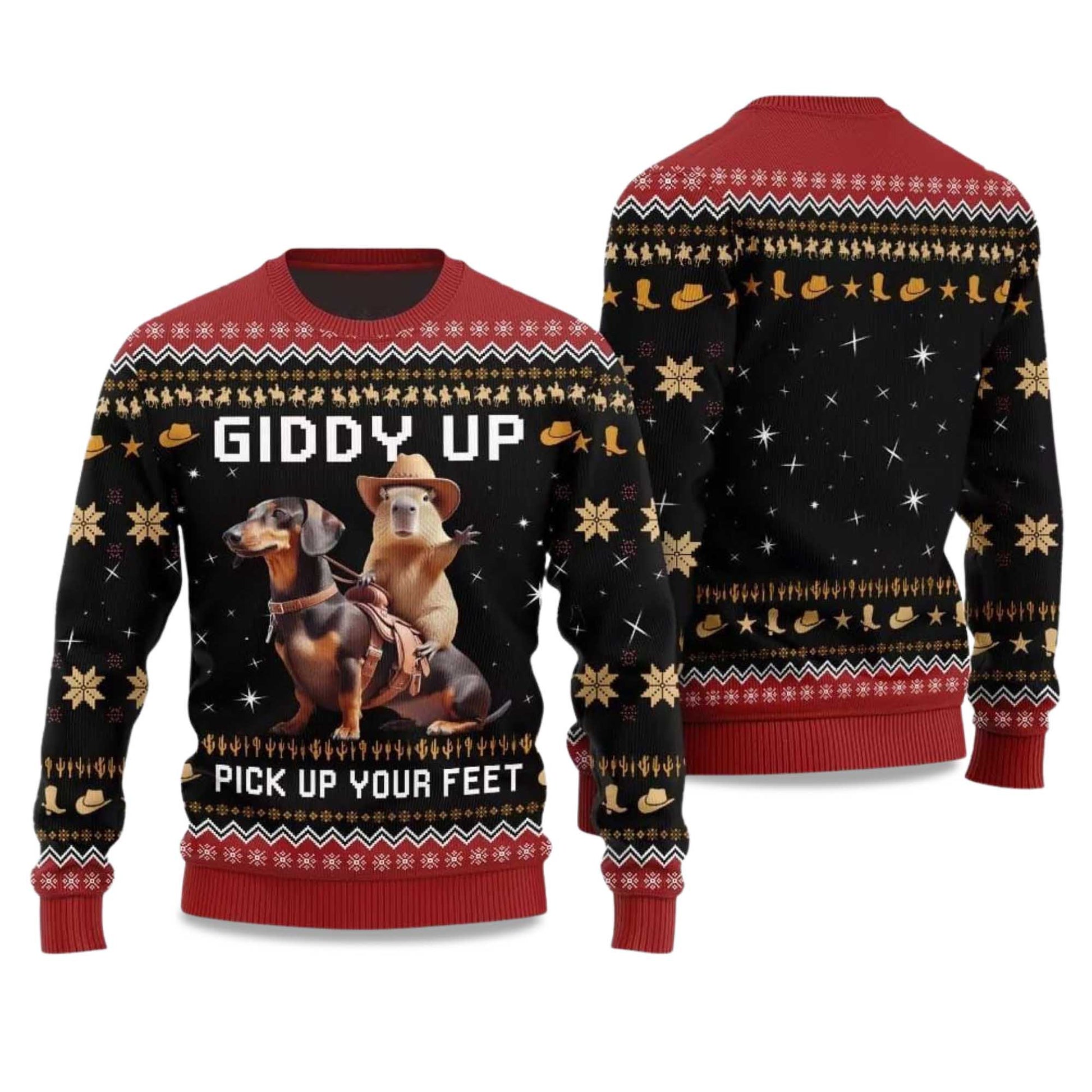 2026 Giddy Up Pick Up Your Feet Dachshund Capybara Ugly Christmas Sweater Moonbestprint