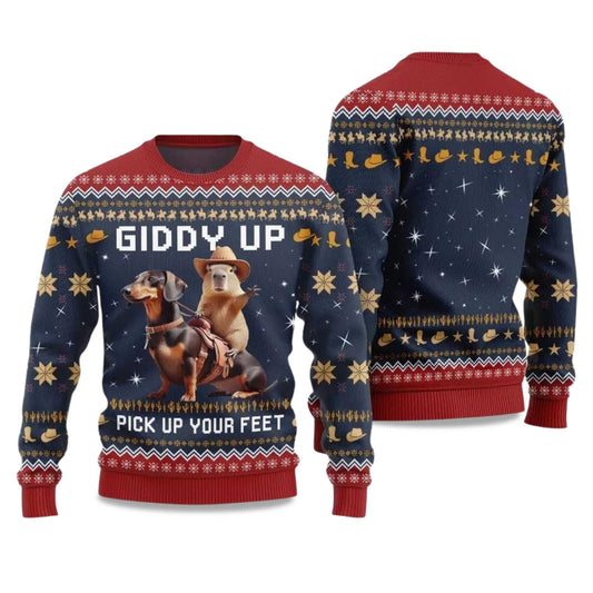 2026 Giddy Up Pick Up Your Feet Dachshund Capybara Ugly Christmas Sweater Moonbestprint