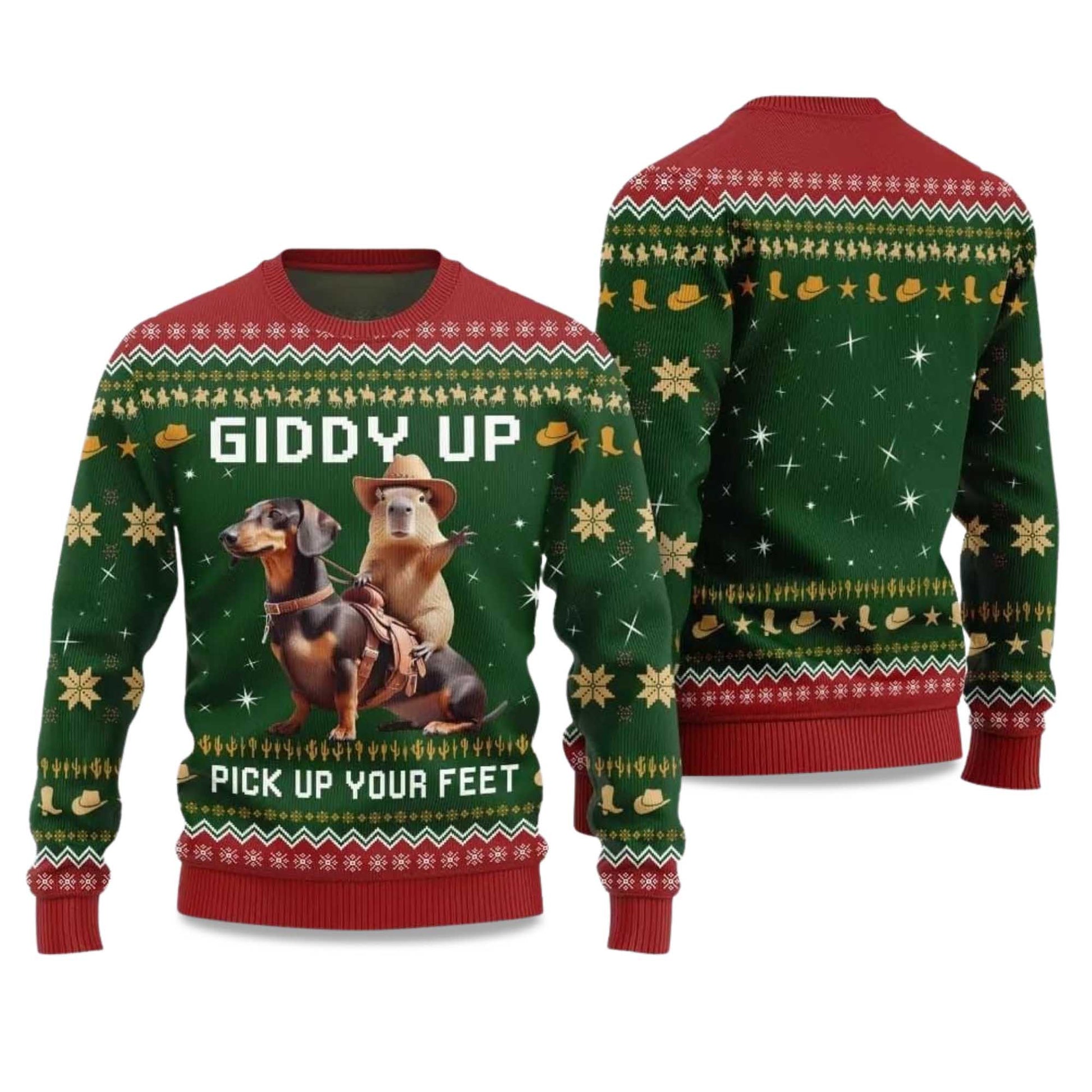 2026 Giddy Up Pick Up Your Feet Dachshund Capybara Ugly Christmas Sweater Moonbestprint
