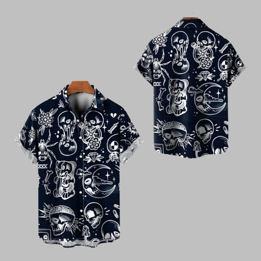 2025 Halloween Vintage Moon Skull Pattern Hawaiian Shirt - Moonbestprint
