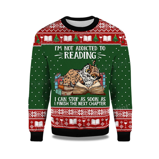 2026 I'm Not Addicted To Reading Owl Ugly Christmas Sweater Moonbestprint