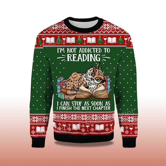 2026 I'm Not Addicted To Reading Owl Ugly Christmas Sweater Moonbestprint