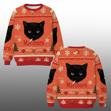 2026 Marlboro Black Cat Smoking Christmas Ugly Sweater - Moonbestprint