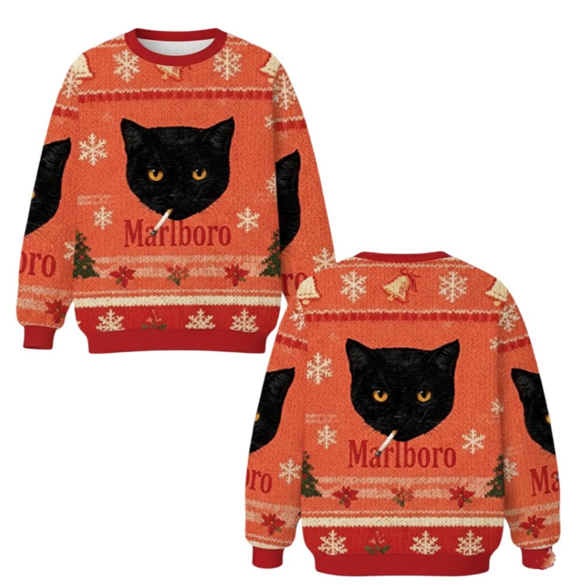 2026 Marlboro Black Cat Smoking Christmas Ugly Sweater - Moonbestprint