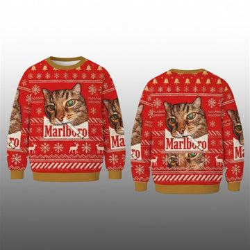 2026 Marlboro Smoking Cat Meme Christmas Ugly Sweater - Moonbestprint