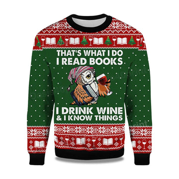 2026 Owl That's What I Do I Read Books I Drink Wine and I Know Things Ugly Christmas Sweater Moonbestprint