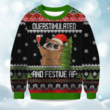 2026 Raccoon Overstimulated and Festive AF Christmas Ugly Sweater Moonbestprint