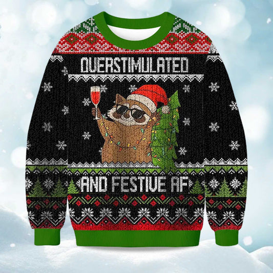 2026 Raccoon Overstimulated and Festive AF Christmas Ugly Sweater Moonbestprint