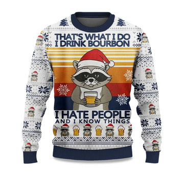 2026 Raccoon That's What I Do I Drink Bourbon Ugly Christmas Sweater Moonbestprint