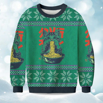 2026 Ramen Loving Cat Christmas Ugly Sweater Moonbestprint