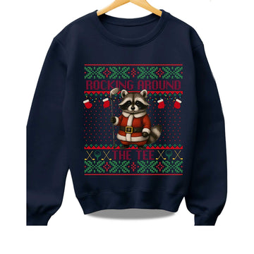 2026 Rocking Around The Tee Hockey Racoon Ugly Christmas Sweater Moonbestprint