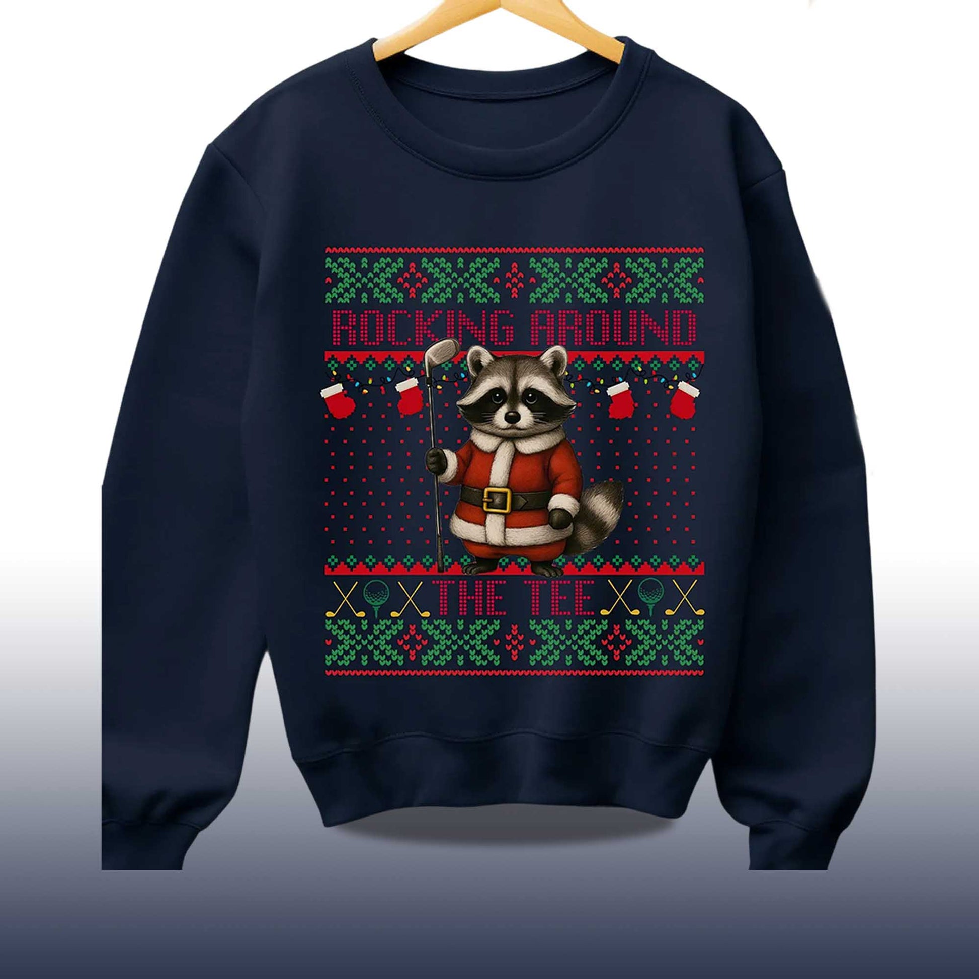 2026 Rocking Around The Tee Hockey Racoon Ugly Christmas Sweater Moonbestprint
