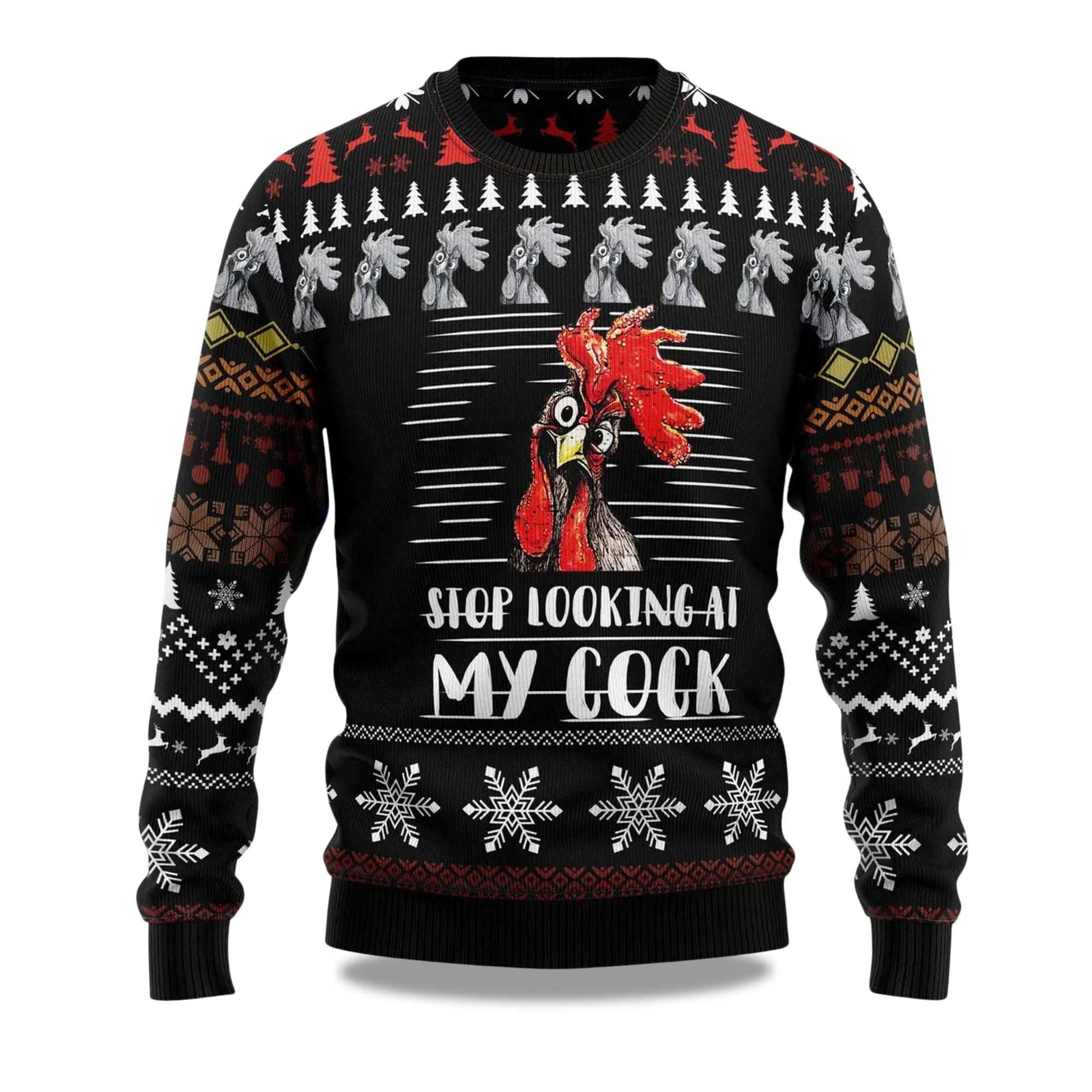 2026 Rooster Stop Looking at My Cock Christmas Sweater Moonbestprint