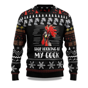 2026 Rooster Stop Looking at My Cock Christmas Sweater Moonbestprint