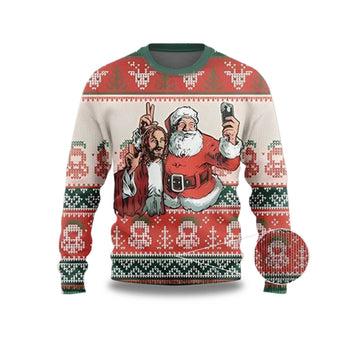 2026 Santa And Jesus Selfie Ugly Christmas Sweater Moonbestprint