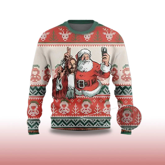 2026 Santa And Jesus Selfie Ugly Christmas Sweater Moonbestprint