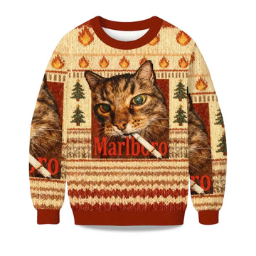 2026 Smoking Cat Meme Ugly Christmas Sweater Moonbestprint