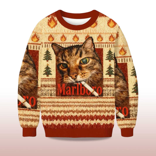 2026 Smoking Cat Meme Ugly Christmas Sweater Moonbestprint