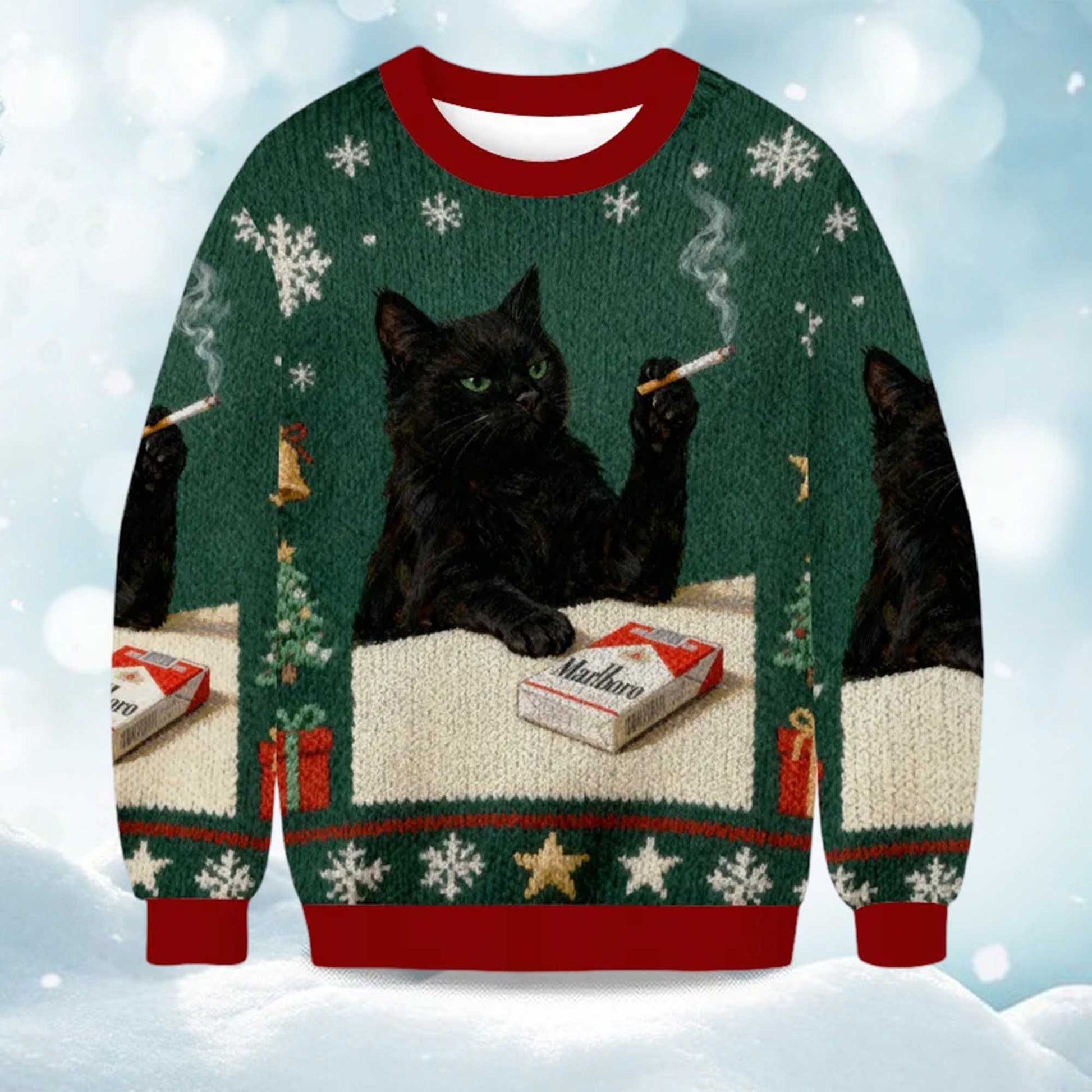 2026 Smoking Marlboro Black Cat Meme Christmas Ugly Sweater Moonbestprint
