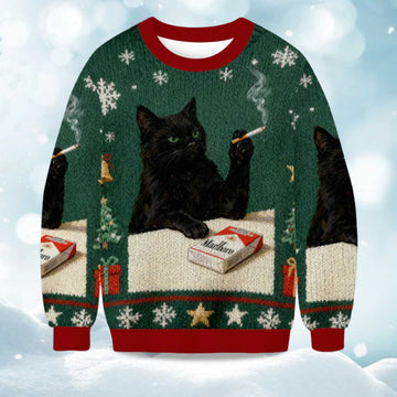 2026 Smoking Marlboro Black Cat Meme Christmas Ugly Sweater Moonbestprint
