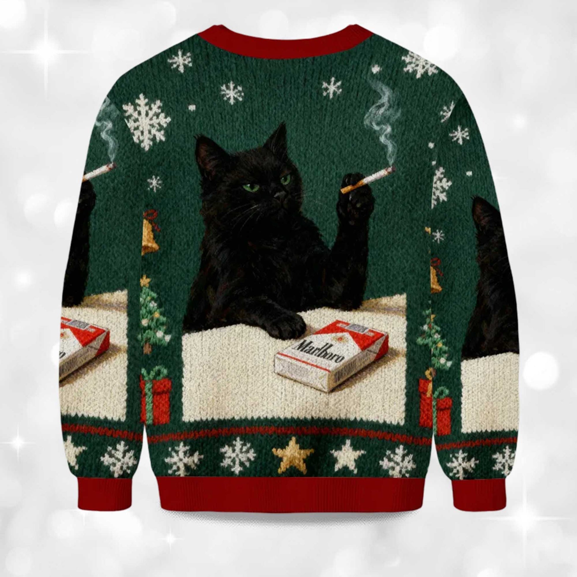 2026 Smoking Marlboro Black Cat Meme Christmas Ugly Sweater Moonbestprint