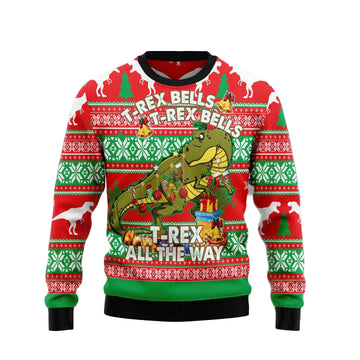 2025 T-Rex Bells-All The Way Christmas Ugly Sweater – Moonbestprint