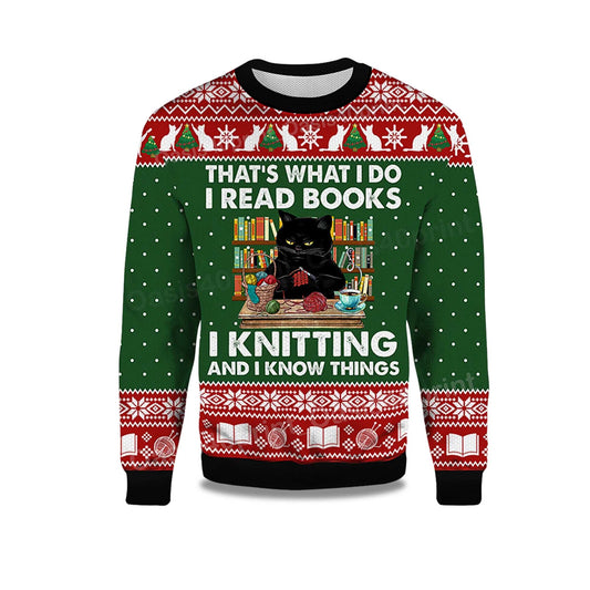 2026 That's What I Do I Read Books Black Cat Ugly Christmas Sweater Moonbestprint