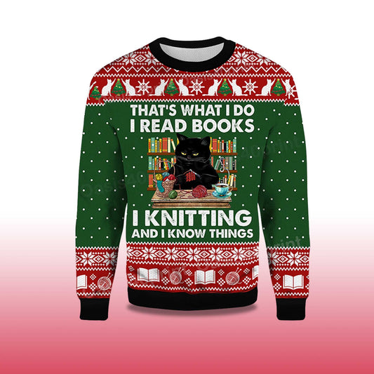 2026 That's What I Do I Read Books Black Cat Ugly Christmas Sweater Moonbestprint
