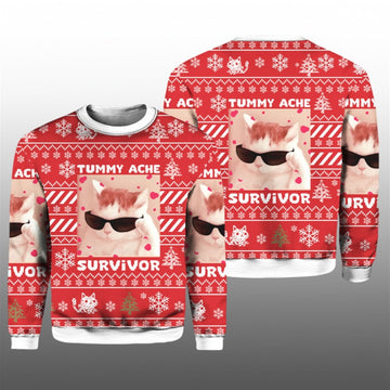 2026 Tummy Ache Survivor Funny Cat Meme Ugly Christmas Sweater - Moonbestprint